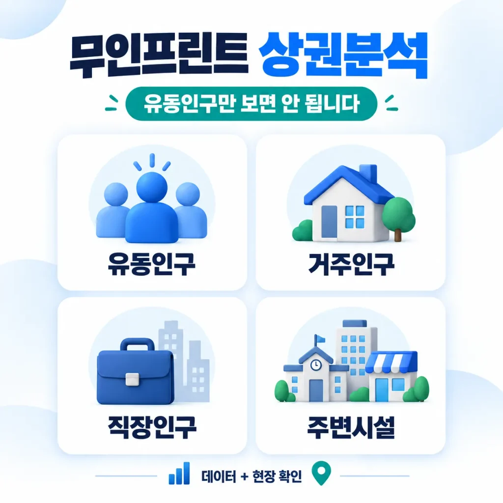 무인프린트 상권분석에서 유동인구 거주인구 직장인구 주변시설을 함께 확인하는 인포그래픽