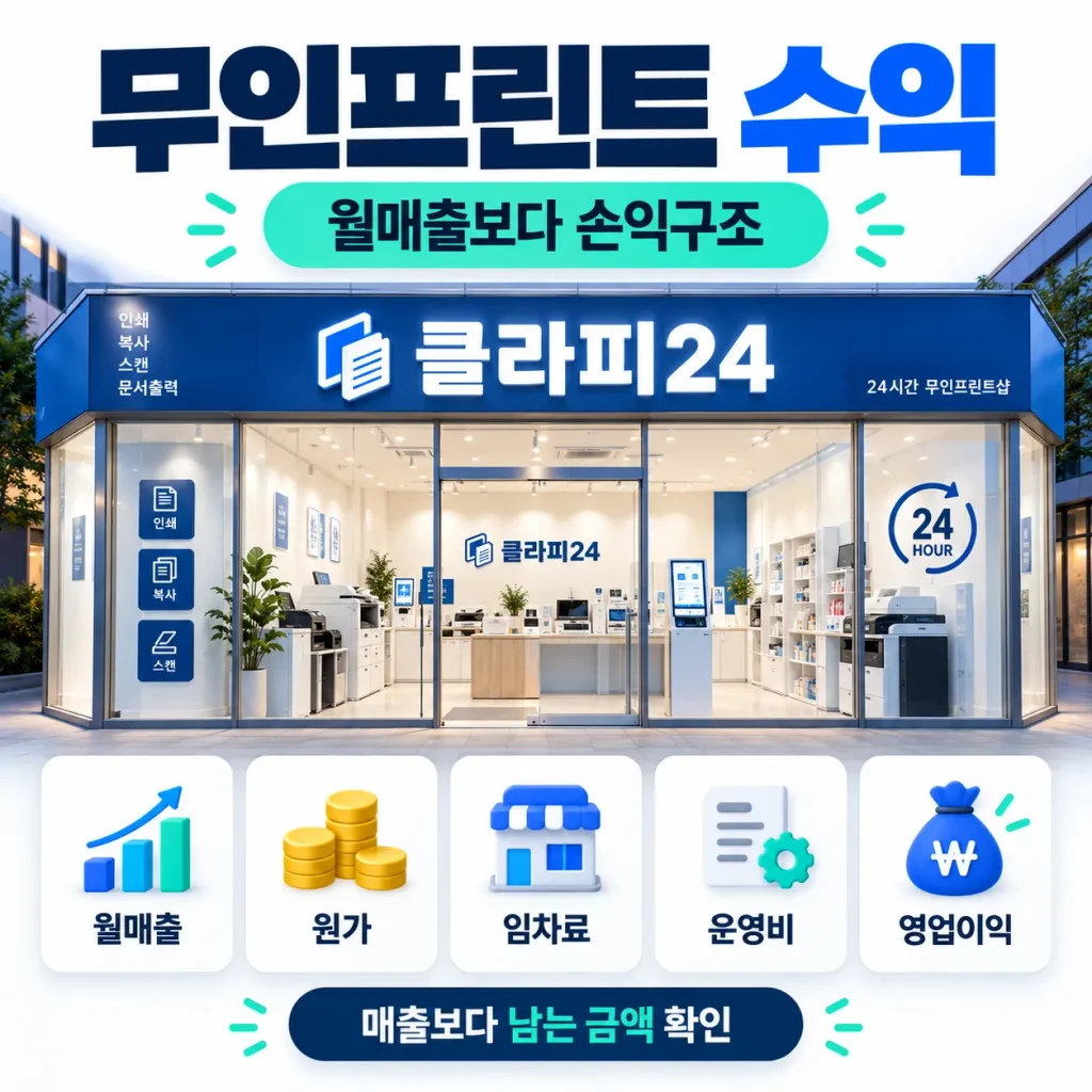 무인프린트 수익을 월매출 원가 임차료 운영비 영업이익 구조로 정리한 클라피24 인포그래픽