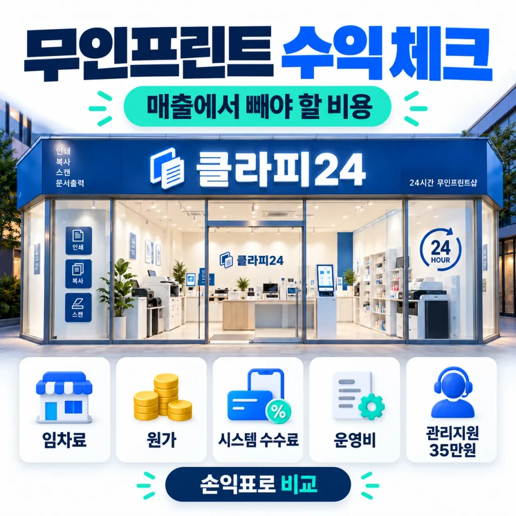 무인프린트 수익 계산 시 임차료 원가 시스템 수수료 운영비 관리지원 35만원을 함께 확인하는 인포그래픽