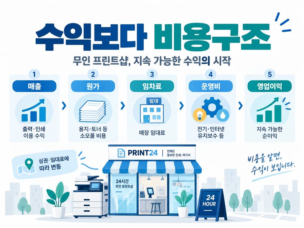 무인프린트 창업 수익구조 매출 원가 임차료 운영비 영업이익 계산 인포그래픽