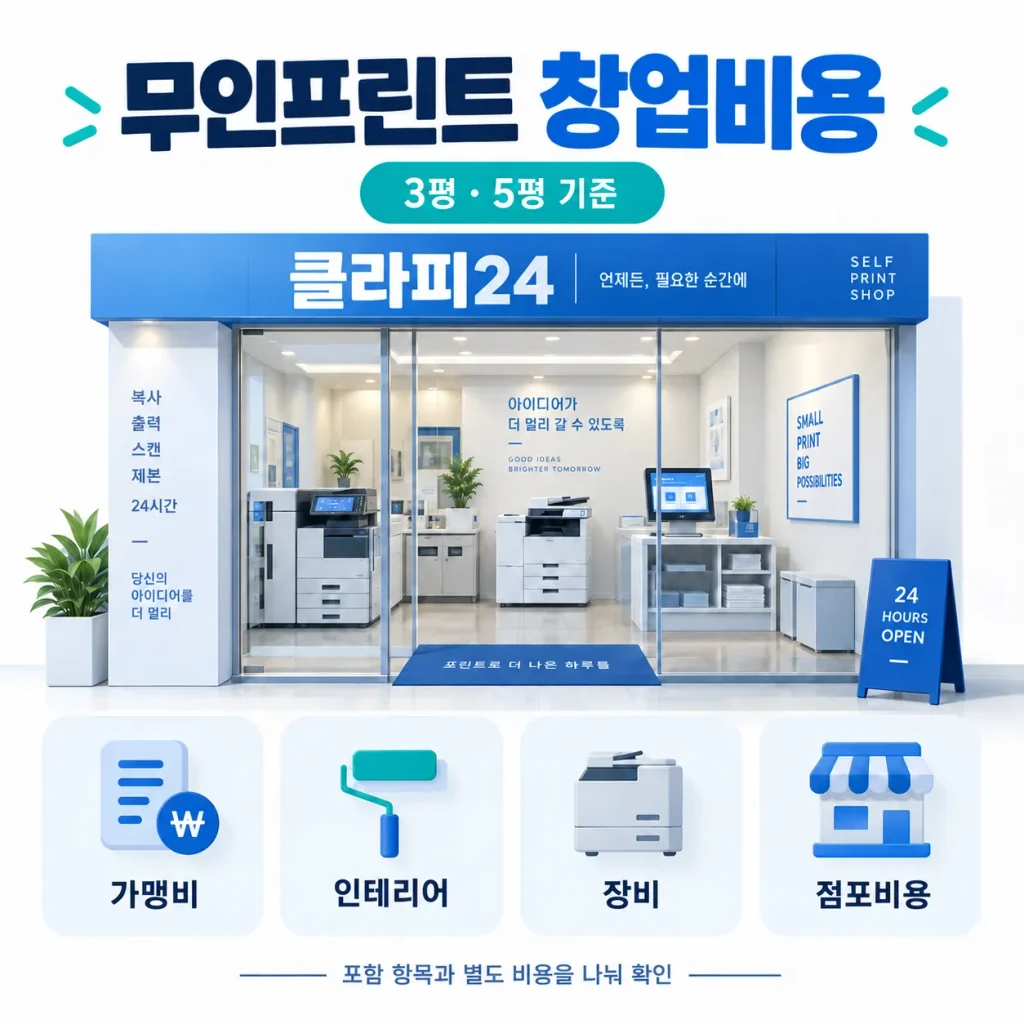 무인프린트 창업비용 3평 5평 기준으로 가맹비 인테리어 장비 점포비용을 설명하는 클라피24