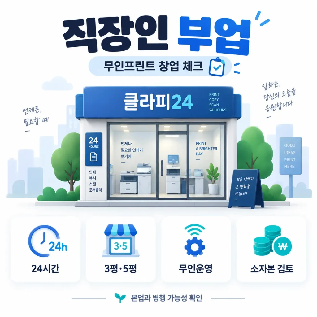 직장인 부업으로 무인프린트 창업을 검토할 때 24시간 운영과 3평 5평 매장, 무인운영, 소자본 검토를 보여주는 클라피24