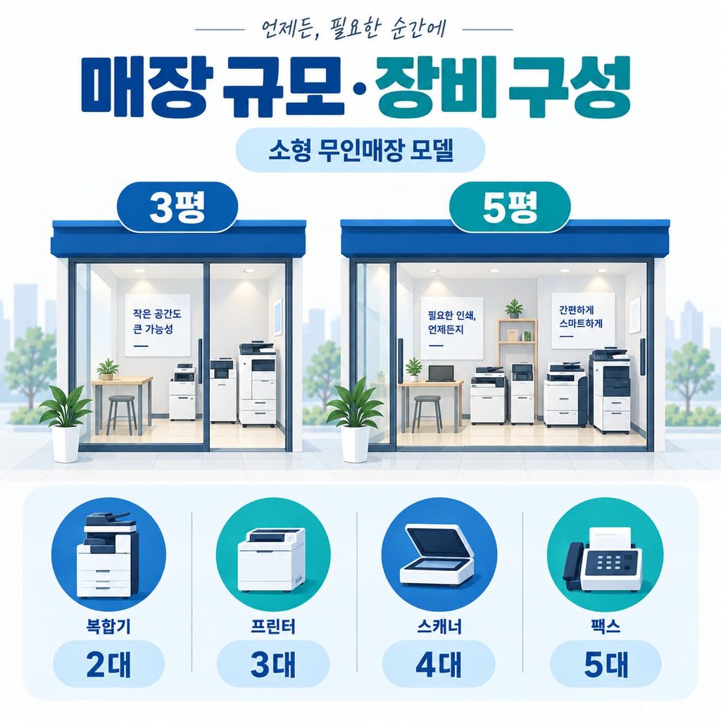 클라피24 무인프린트 창업 3평 5평 매장 규모와 복합기 프린터 스캐너 팩스 장비 구성