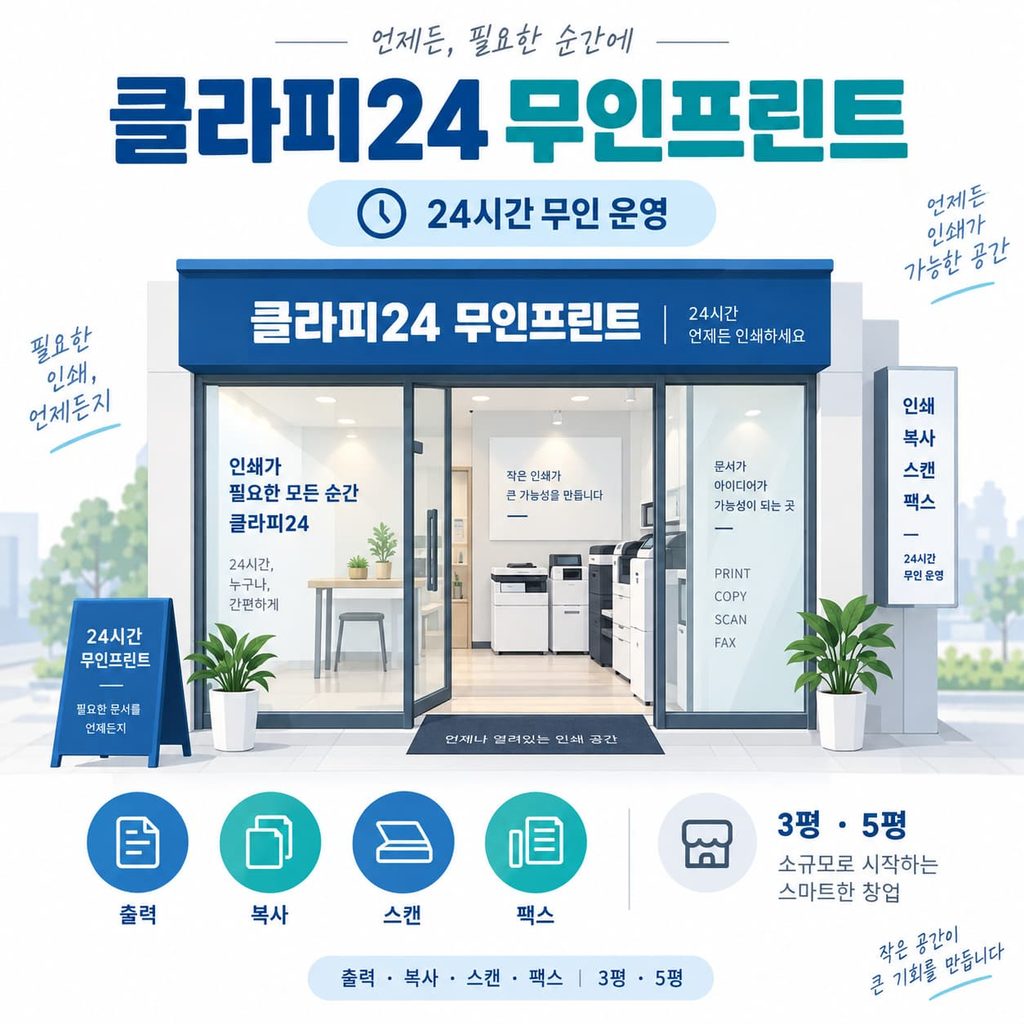 클라피24 무인프린트 매장 전경과 24시간 무인 운영, 출력 복사 스캔 팩스 서비스를 안내하는 인포그래픽