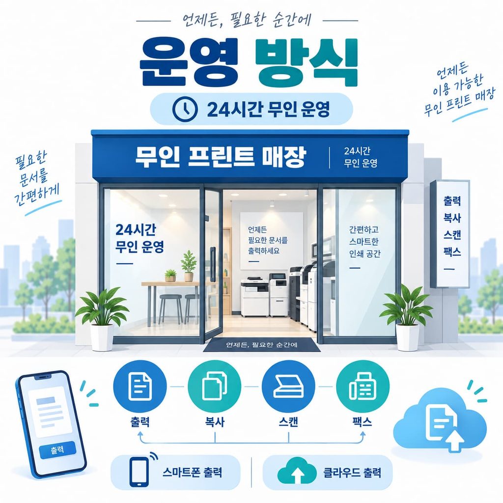 24시간 무인 운영 방식과 스마트폰 출력, 클라우드 출력, 출력 복사 스캔 팩스 기능을 설명하는 인포그래픽