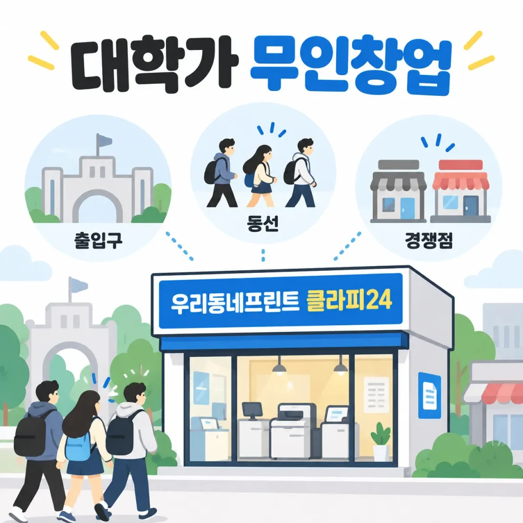 대학가 무인창업 시 학교 출입구 학생 동선 경쟁점과 우리동네 프린트 클라피24 매장 위치를 확인하는 인포그래픽