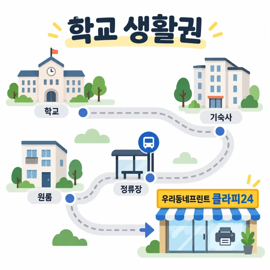 대학가 무인프린트 입지 분석을 위해 학교 기숙사 원룸촌 버스정류장과 매장까지의 이동동선을 나타낸 인포그래픽