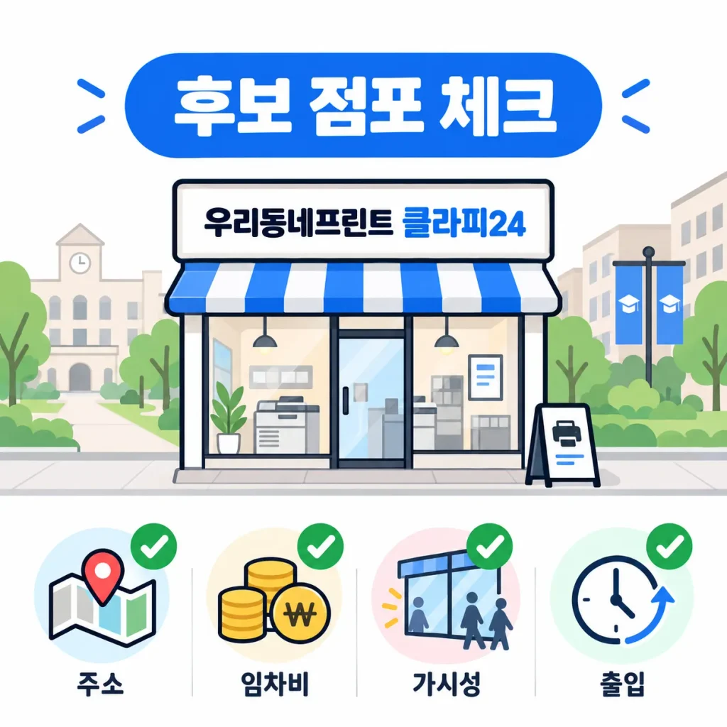 우리동네 프린트 클라피24 대학가 창업 후보 점포의 주소 임차비 가시성 건물 출입조건을 확인하는 인포그래픽