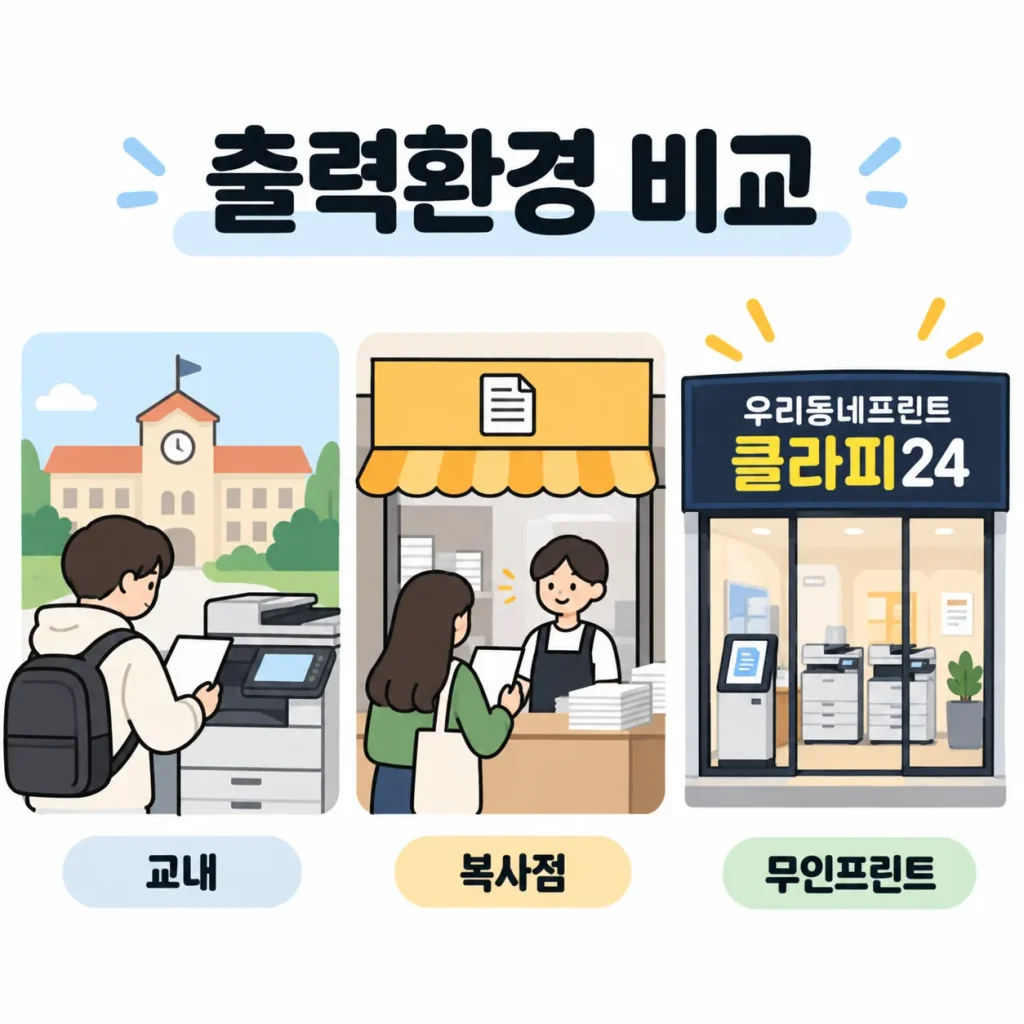 대학가 교내 출력시설 일반 복사점 우리동네 프린트 클라피24 무인프린트 매장을 비교한 인포그래픽