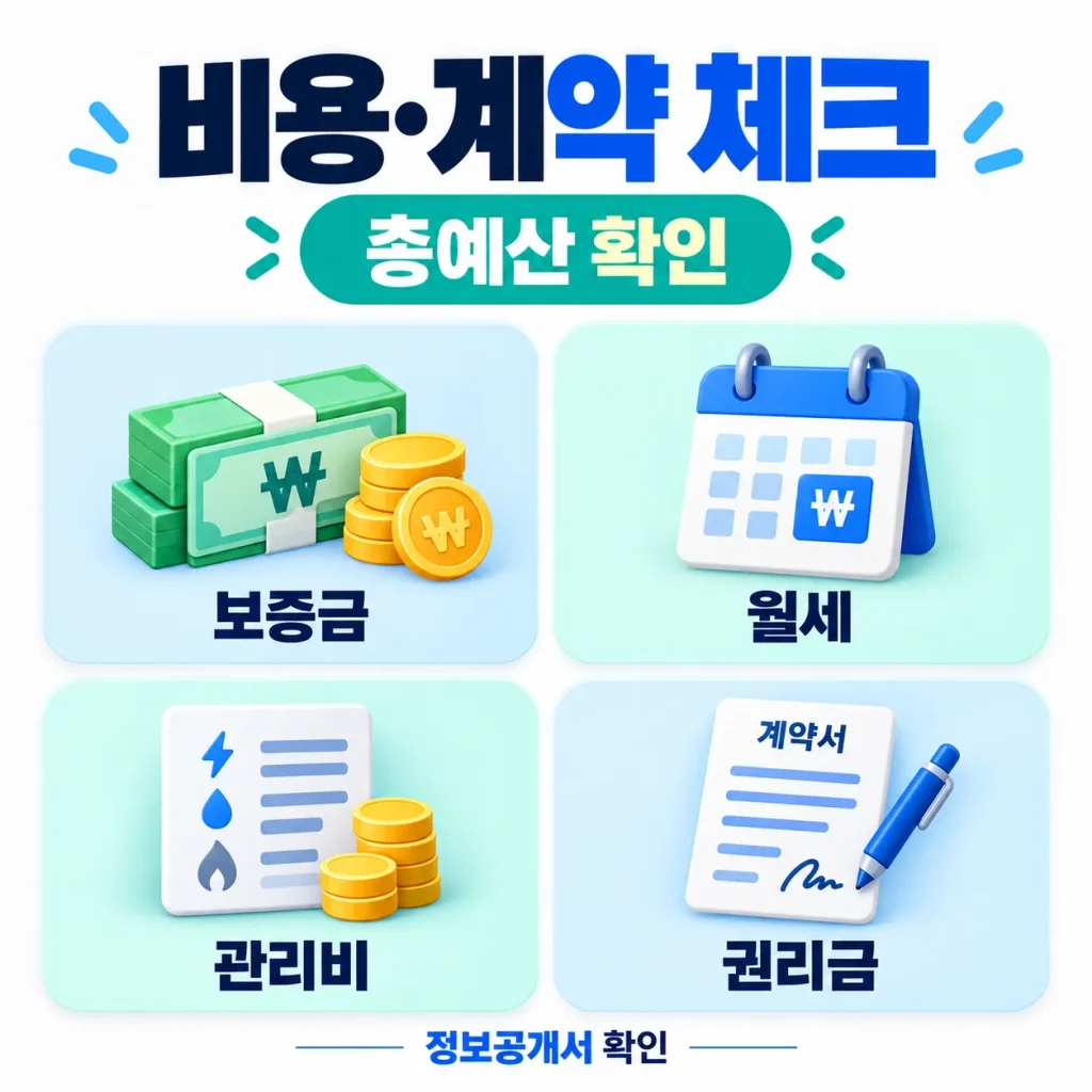 무인매장 창업 준비 시 보증금 월세 관리비 권리금 정보공개서와 가맹계약 조건을 확인하는 인포그래픽