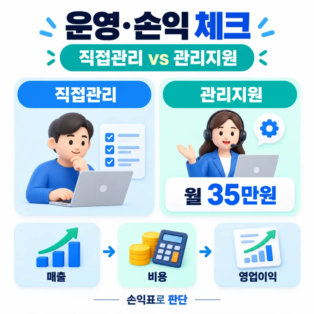 무인매장 창업에서 직접관리와 월 35만원 관리지원, 매출 비용 영업이익을 비교하는 인포그래픽