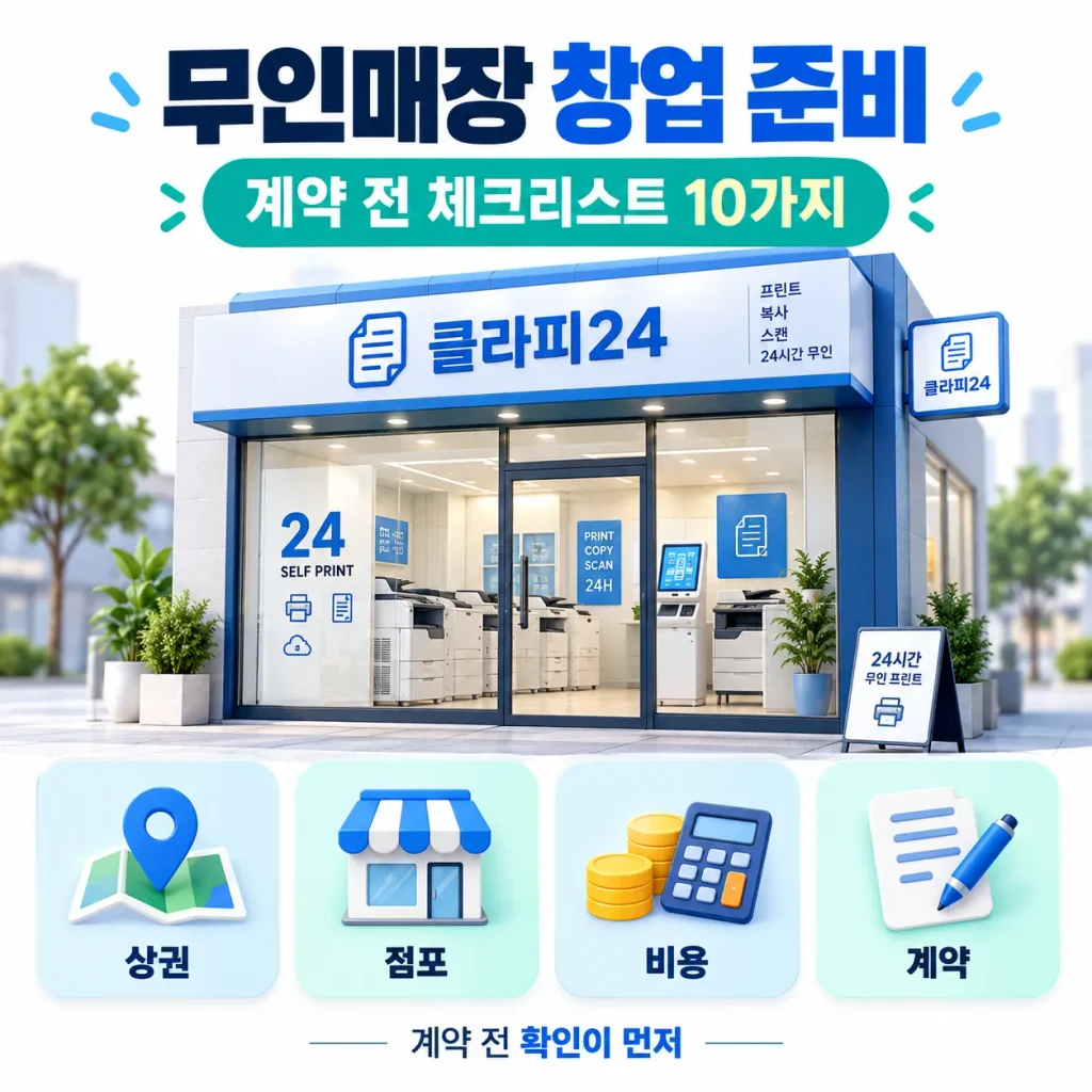 무인매장 창업 준비 시 상권 점포 비용 계약을 확인하는 클라피24 체크리스트