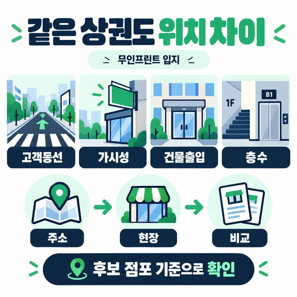무인프린트 입지에서 고객동선 가시성 건물출입 층수에 따라 같은 상권에서도 점포조건이 달라지는 것을 설명한 인포그래픽