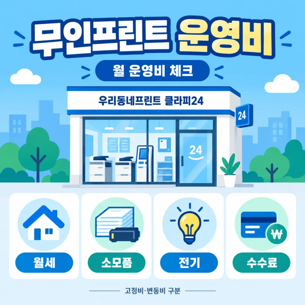 무인프린트 운영비를 구성하는 월세 소모품 전기료 시스템 수수료를 우리동네프린트 클라피24 매장과 함께 설명한 픽토그램