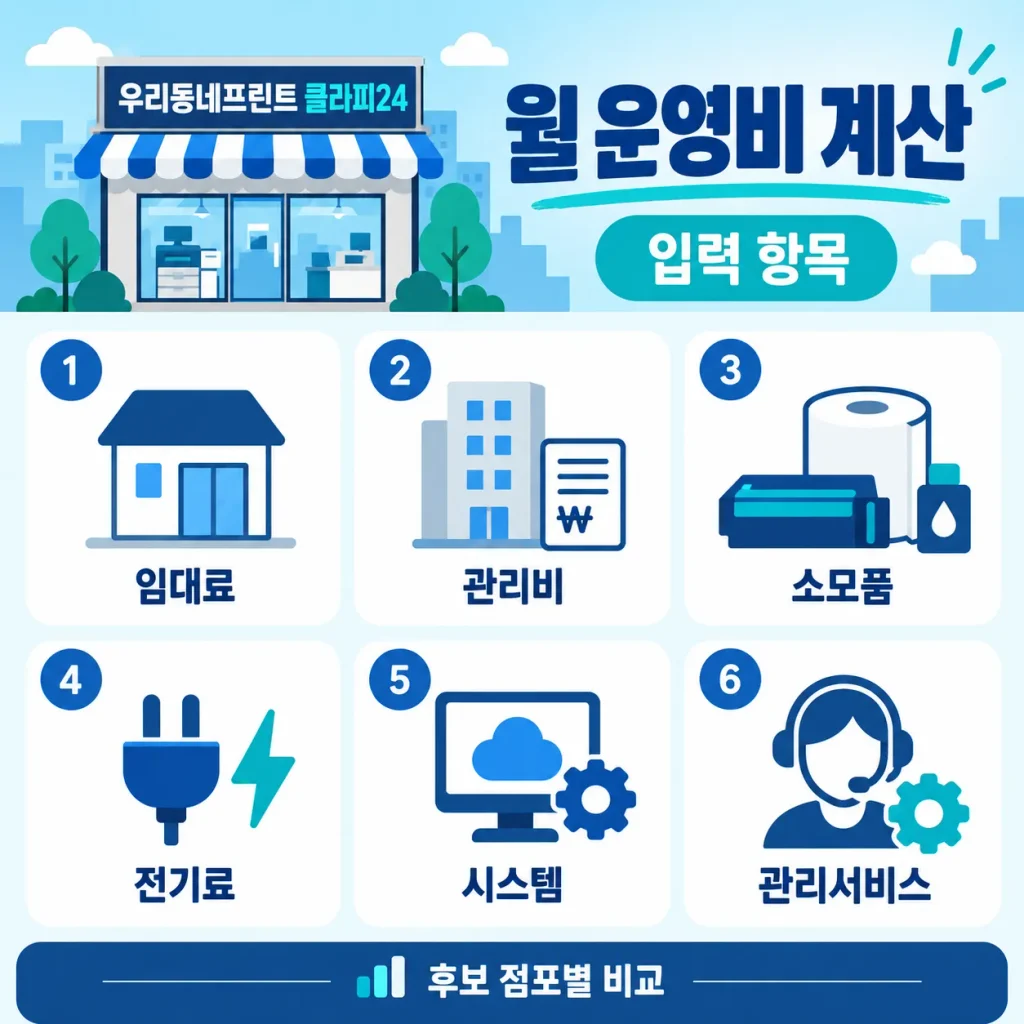 우리동네프린트 클라피24 후보 점포의 임대료 관리비 소모품 전기료 시스템 비용과 관리서비스를 확인하는 픽토그램