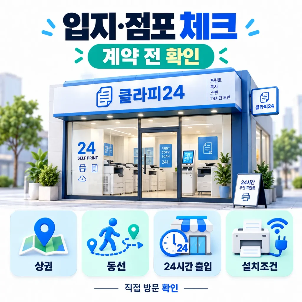 무인프린트 입지와 점포 계약 전 상권 고객동선 24시간 출입 설치조건을 확인하는 인포그래픽