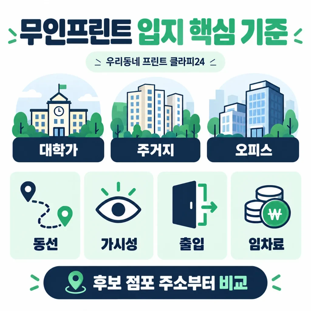 무인프린트 입지 선정 시 대학가 주거지 오피스와 고객동선 가시성 출입 임차료를 비교하는 인포그래픽