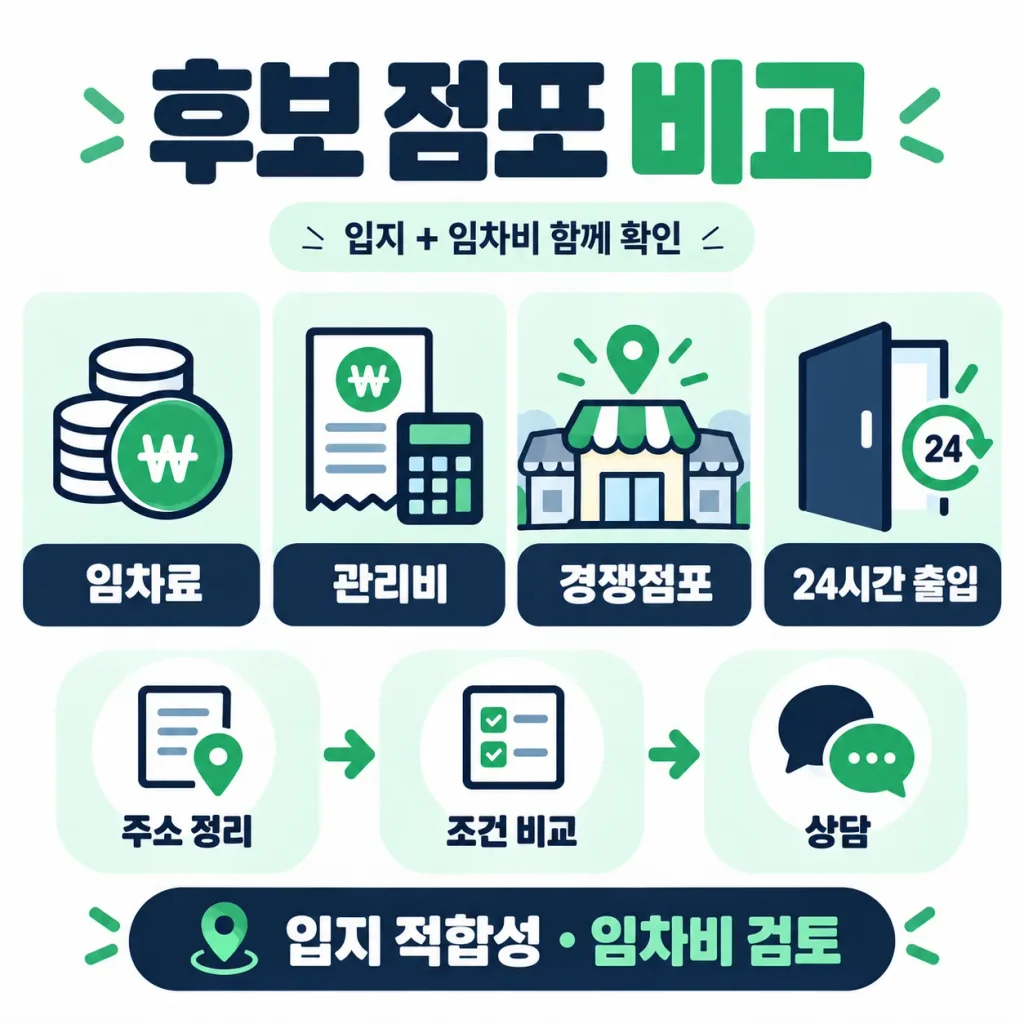 무인프린트 후보 점포의 임차료 관리비 경쟁점포 24시간 출입조건을 비교하고 상담