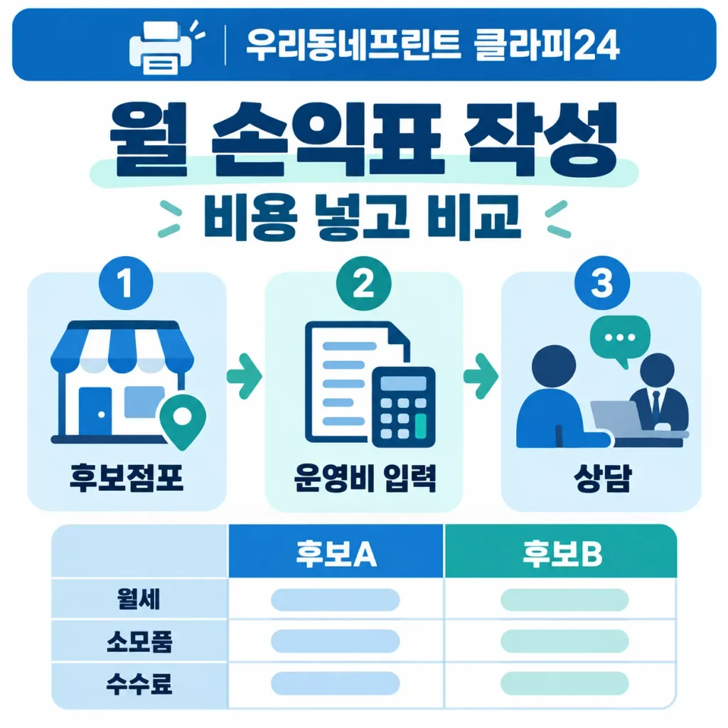 무인프린트 후보 점포 A와 B의 월세 소모품 수수료를 비교하고 월 손익표를 작성해 창업상담으로 연결하는 인포그래픽
