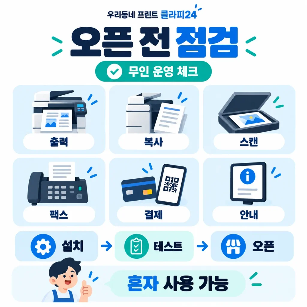 무인프린트샵 설치 후 출력 복사 스캔 팩스 결제와 이용안내를 점검하고 오픈하는 과정을 정리한 인포그래픽