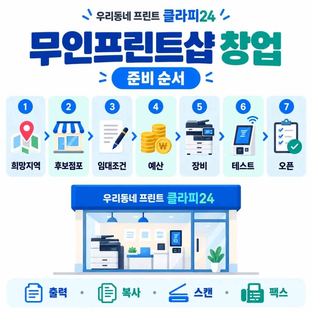 무인프린트샵 창업 준비순서를 희망지역부터 후보점포 임대조건 예산 장비 테스트 오픈까지 단계별로 정리한 인포그래픽