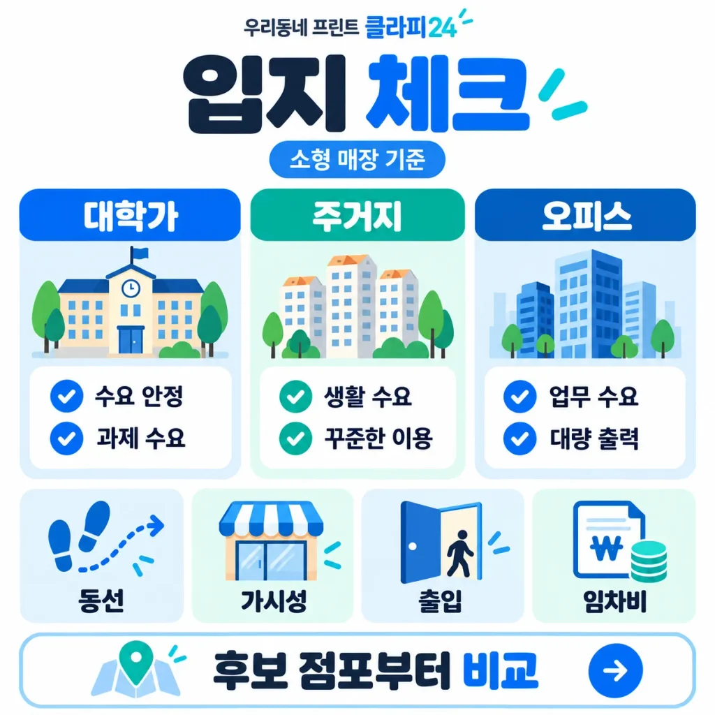 무인프린트샵 후보 점포를 대학가 주거지 오피스 상권별로 비교하고 동선 가시성 출입 임차비를 확인하는 인포그래픽