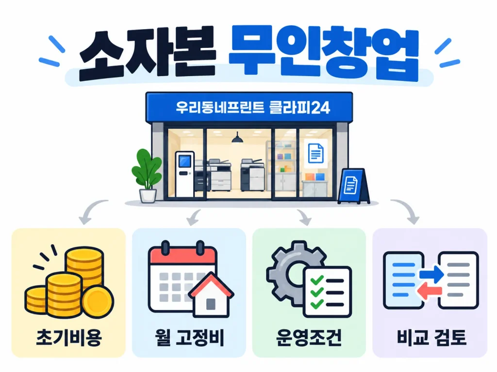 소자본 무인창업을 준비할 때 초기 투자비와 월 운영비 등 창업조건을 확인하는 픽토그램