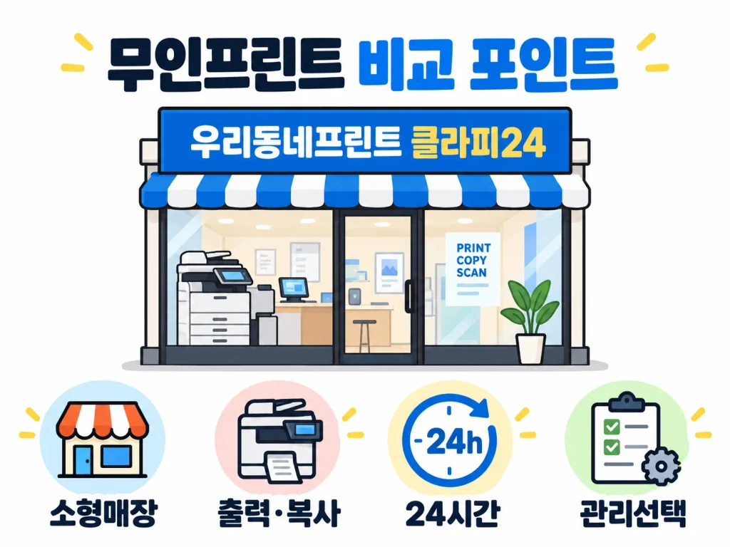우리동네프린트 클라피24의 소형 매장 출력 복사 24시간 운영구조와 관리선택을 보여주는 픽토그램