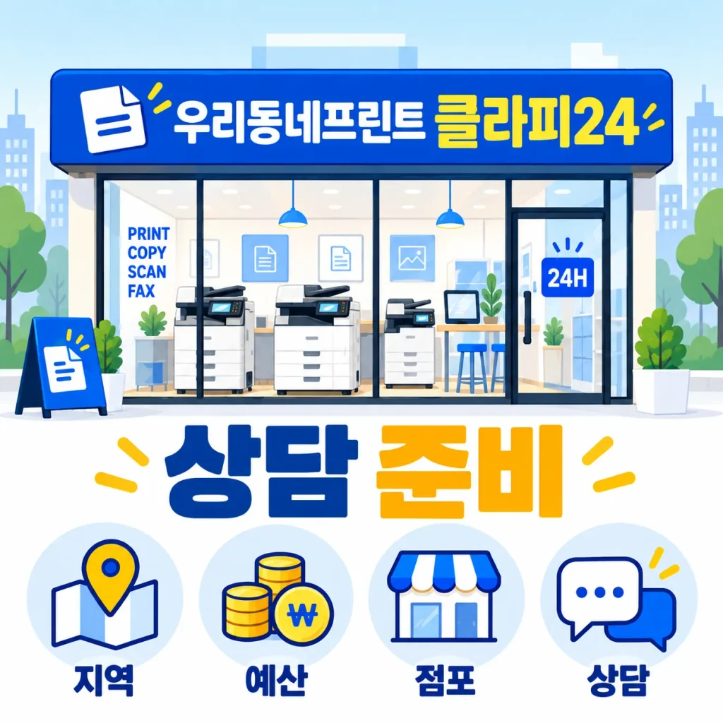 우리동네프린트 클라피24 프린터카페 창업상담 전 지역 예산 후보 점포를 준비하는 과정을 나타낸 일러스트
