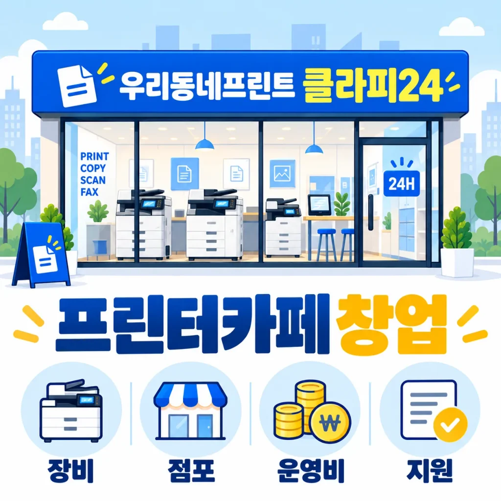 우리동네프린트 클라피24 무인프린트 매장과 프린터카페 창업 장비 점포 운영비 지원 안내 일러스트