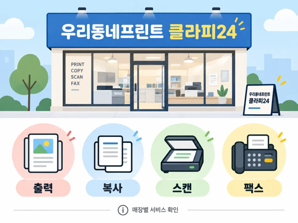 우리동네프린트 클라피24 매장에서 이용할 수 있는 출력 복사 스캔 팩스 서비스를 정리한 인포그래픽