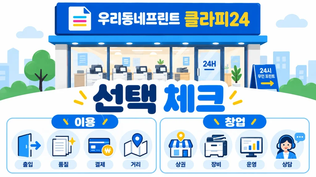 리동네프린트 클라피24 이용 체크와 창업 체크 항목을 정리한 이미지
