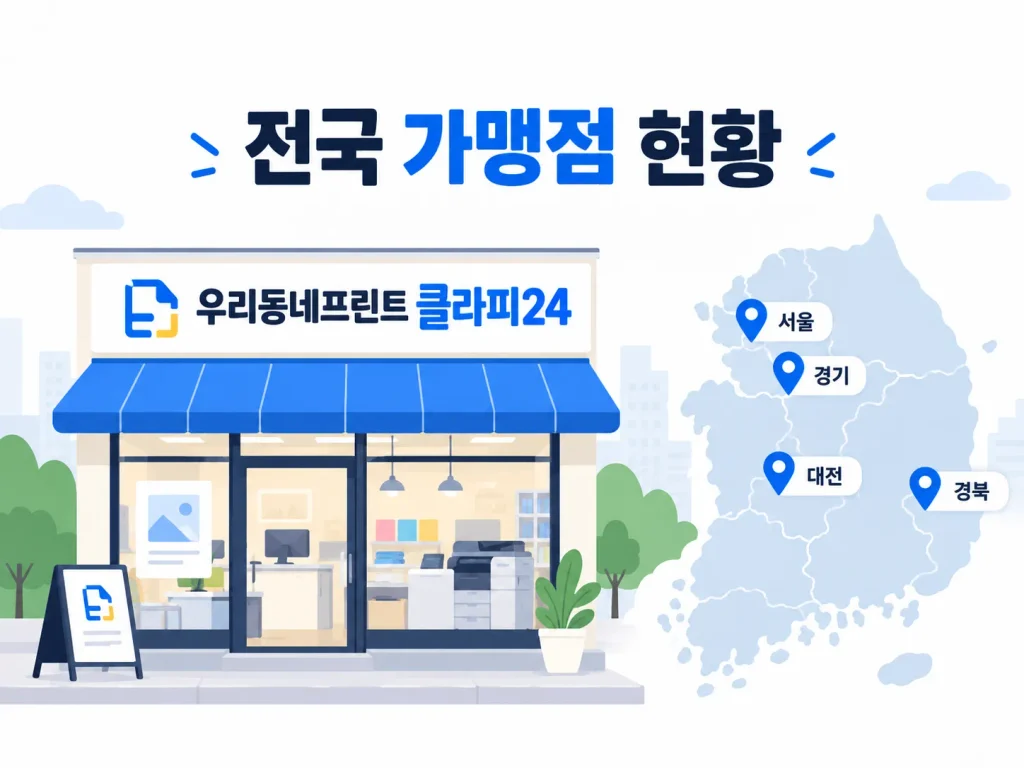 우리동네프린트 클라피24의 전국 가맹점 현황과 서울 경기 대전 경북 등 주요 지역 분포를 보여주는 인포그래픽
