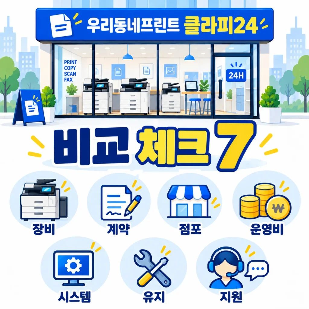 프린터카페 창업 시 확인할 장비 계약 점포 운영비 무인시스템 유지보수 본사지원 7가지 비교 항목 인포그래픽